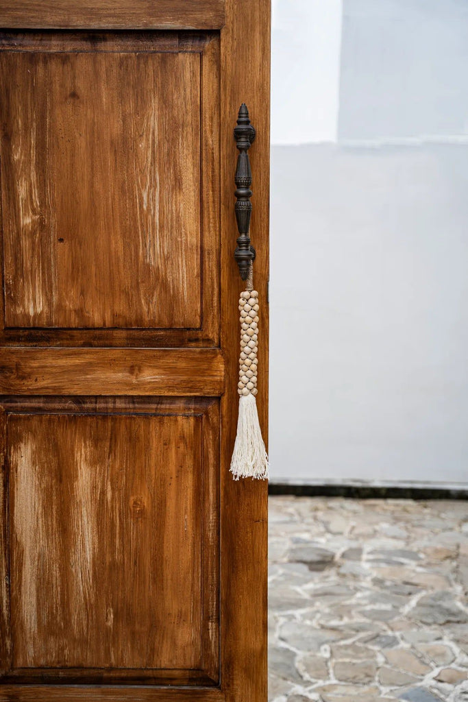 The Wooden Beads with Cotton Tassel - Natural White, H 80 cm