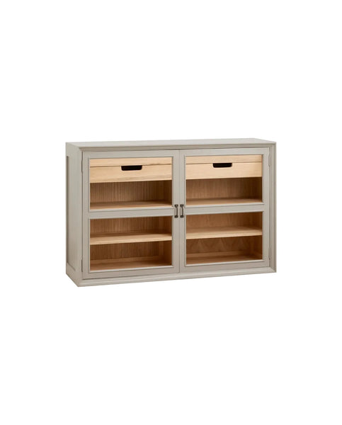 Wooden cabinet with glass doors on a white background