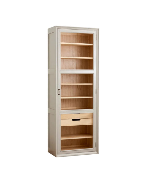 Tall cabinet with glass doors and wooden shelves on a white background