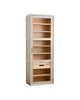 Tall cabinet with glass doors and wooden shelves on a white background