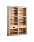 Wooden bookshelf with glass doors on a white background