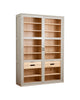 Wooden bookshelf with glass doors on a white background