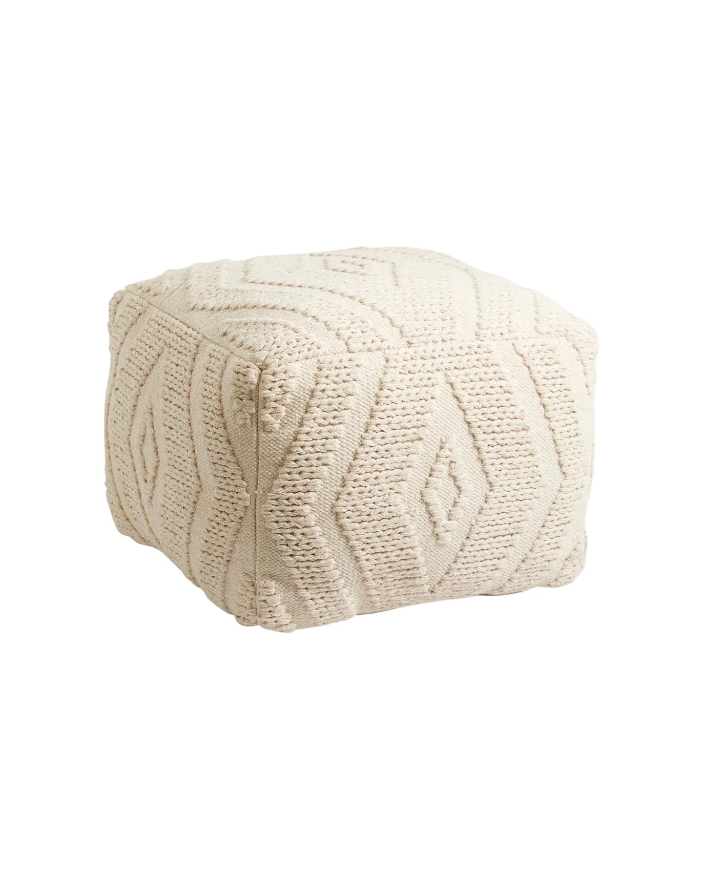Beige knitted cube pillow on a white background