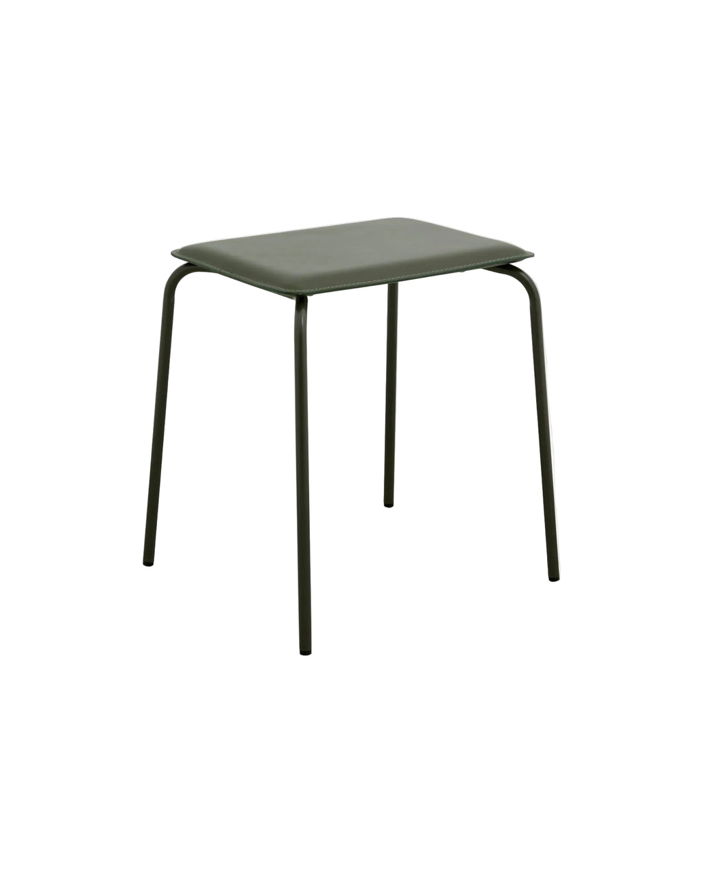 A green metal frame stool with a PU leather seat, viewed from a slightly elevated angle against a white background.
