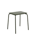 A green metal frame stool with a PU leather seat, viewed from a slightly elevated angle against a white background.