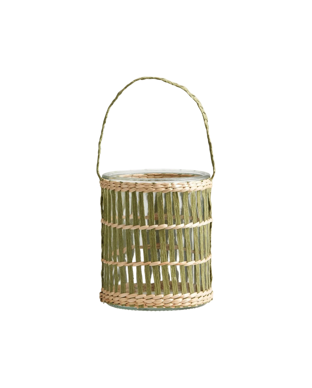 A green glass lantern with paper decoration and a braided handle.