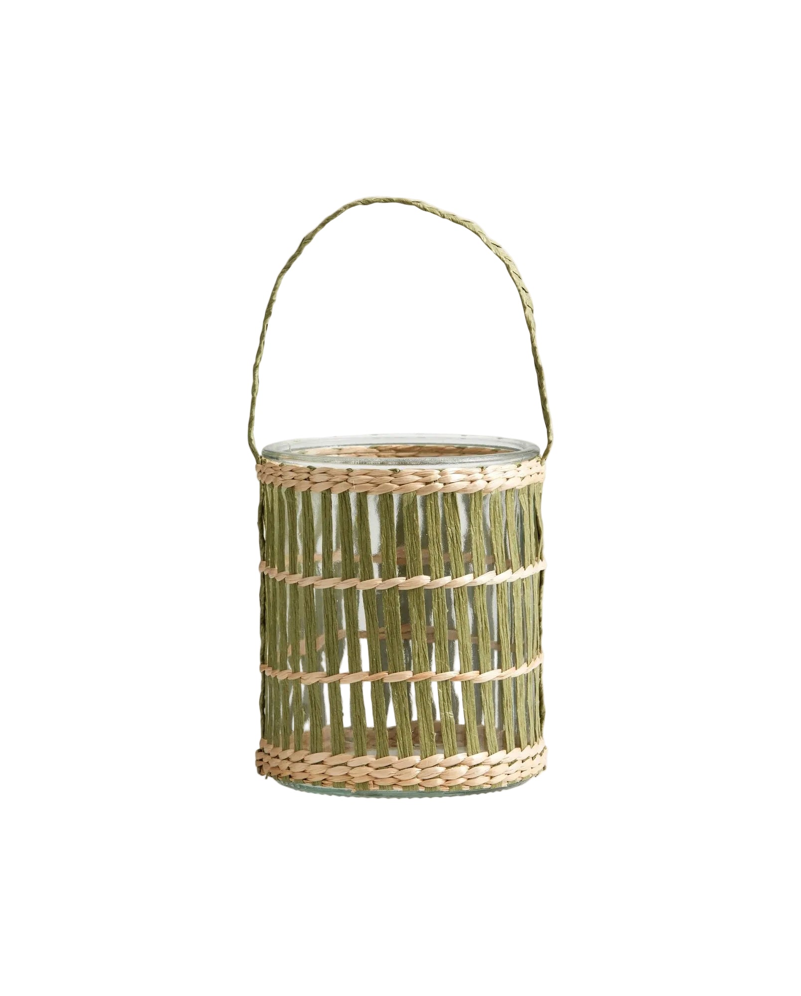 A green glass lantern with paper decoration and a braided handle.