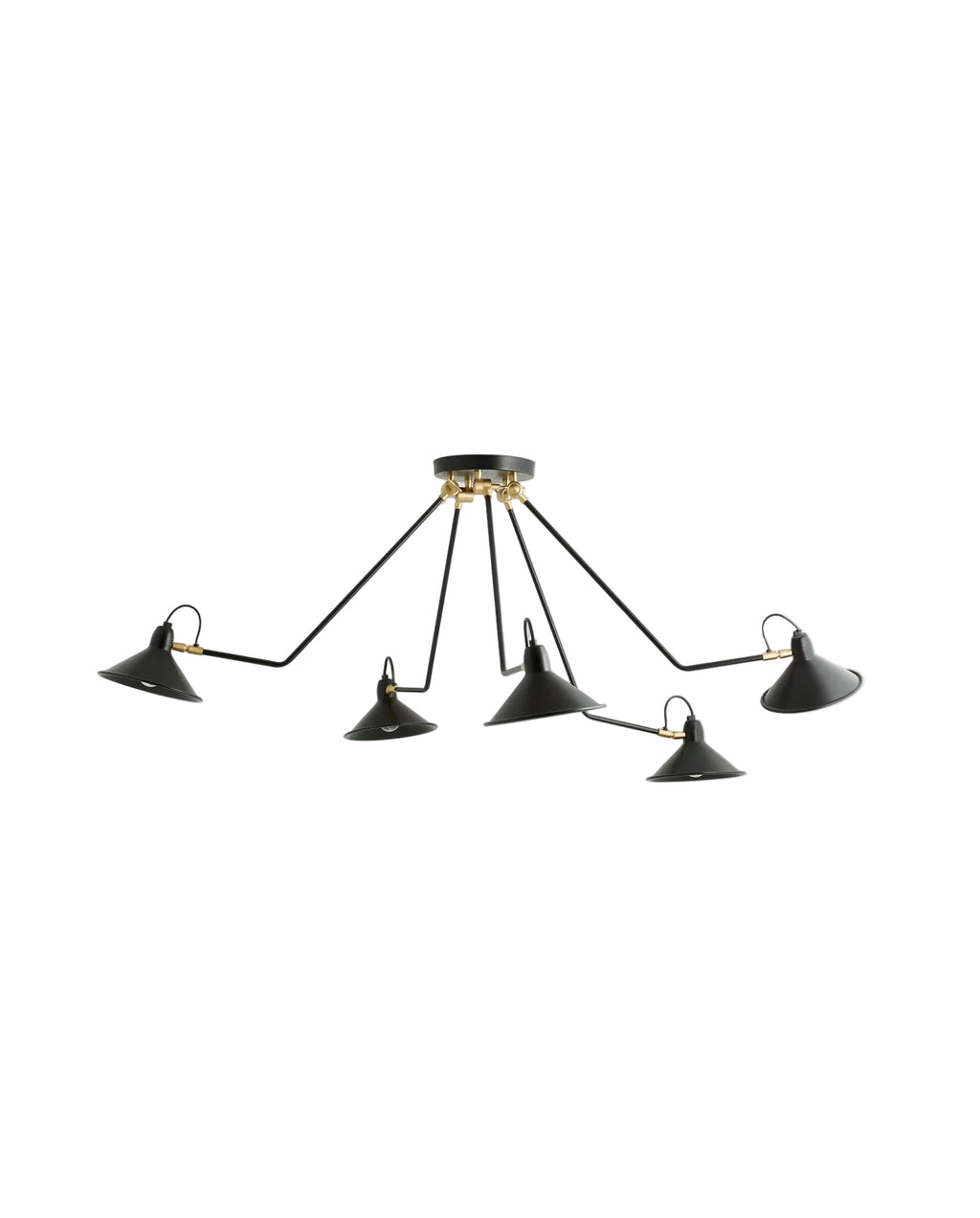 A black lacquered iron pendant light with five adjustable arms and a plastic cord, designed in a modern style.