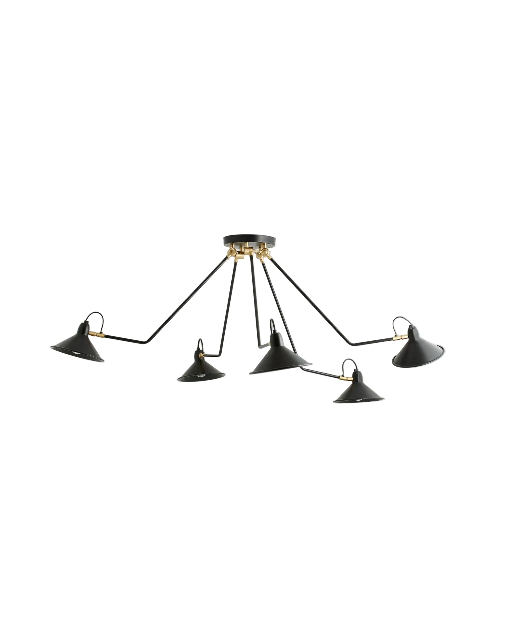 A black lacquered iron pendant light with five adjustable arms and a plastic cord, designed in a modern style.