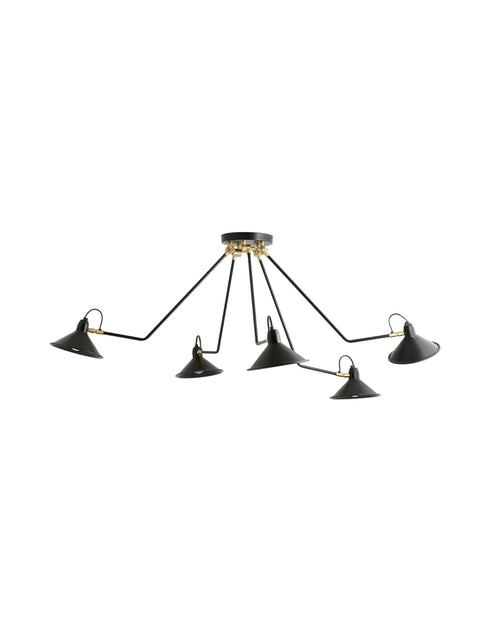A black lacquered iron pendant light with five adjustable arms and a plastic cord, designed in a modern style.
