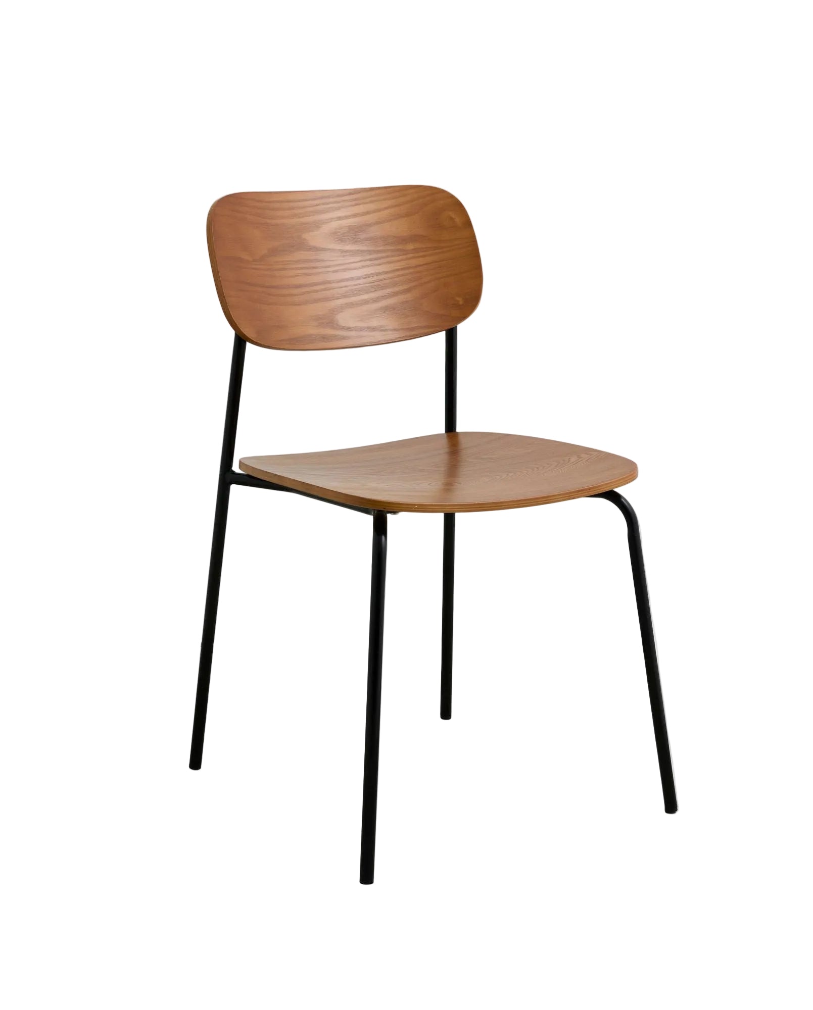 A dining chair with a wooden seat and backrest, and black metal legs.