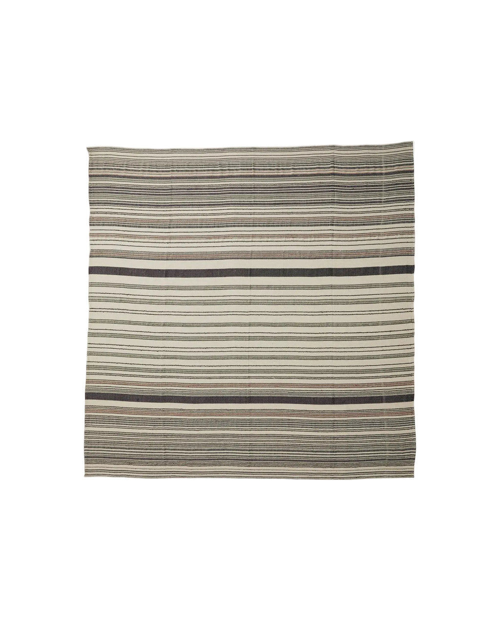 A striped pattern bed cover laid out flat, showcasing various shades of gray and white stripes.