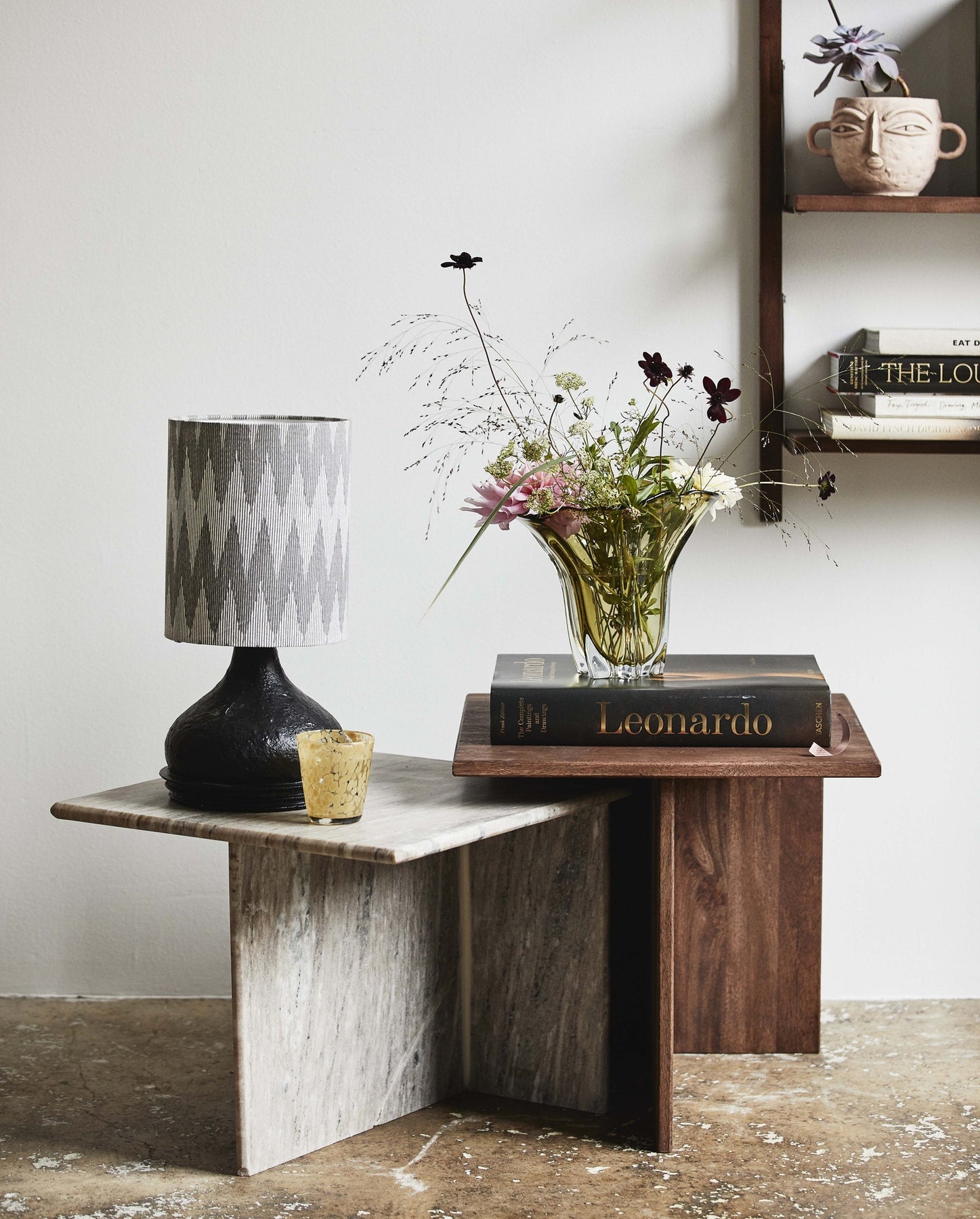 GLINA Low Tables, wood/marble, Set of 2