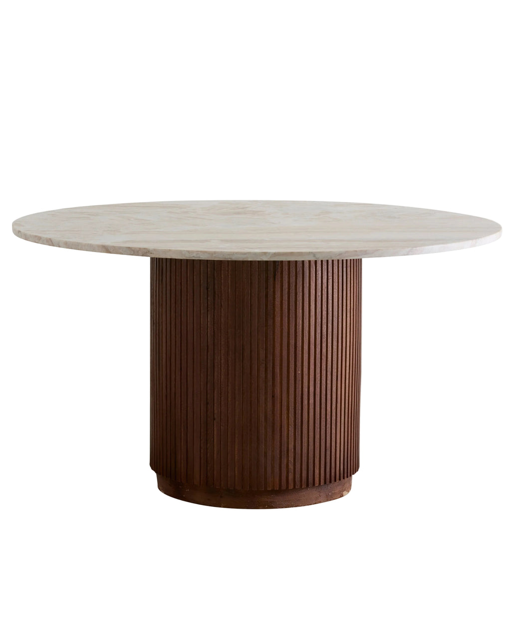 Round dining table with a marble top and wooden base on a white background