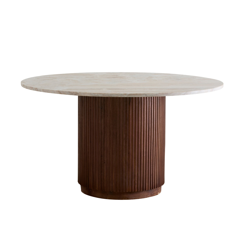 Round dining table with a marble top and wooden base on a white background