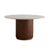 Round dining table with a marble top and wooden base on a white background