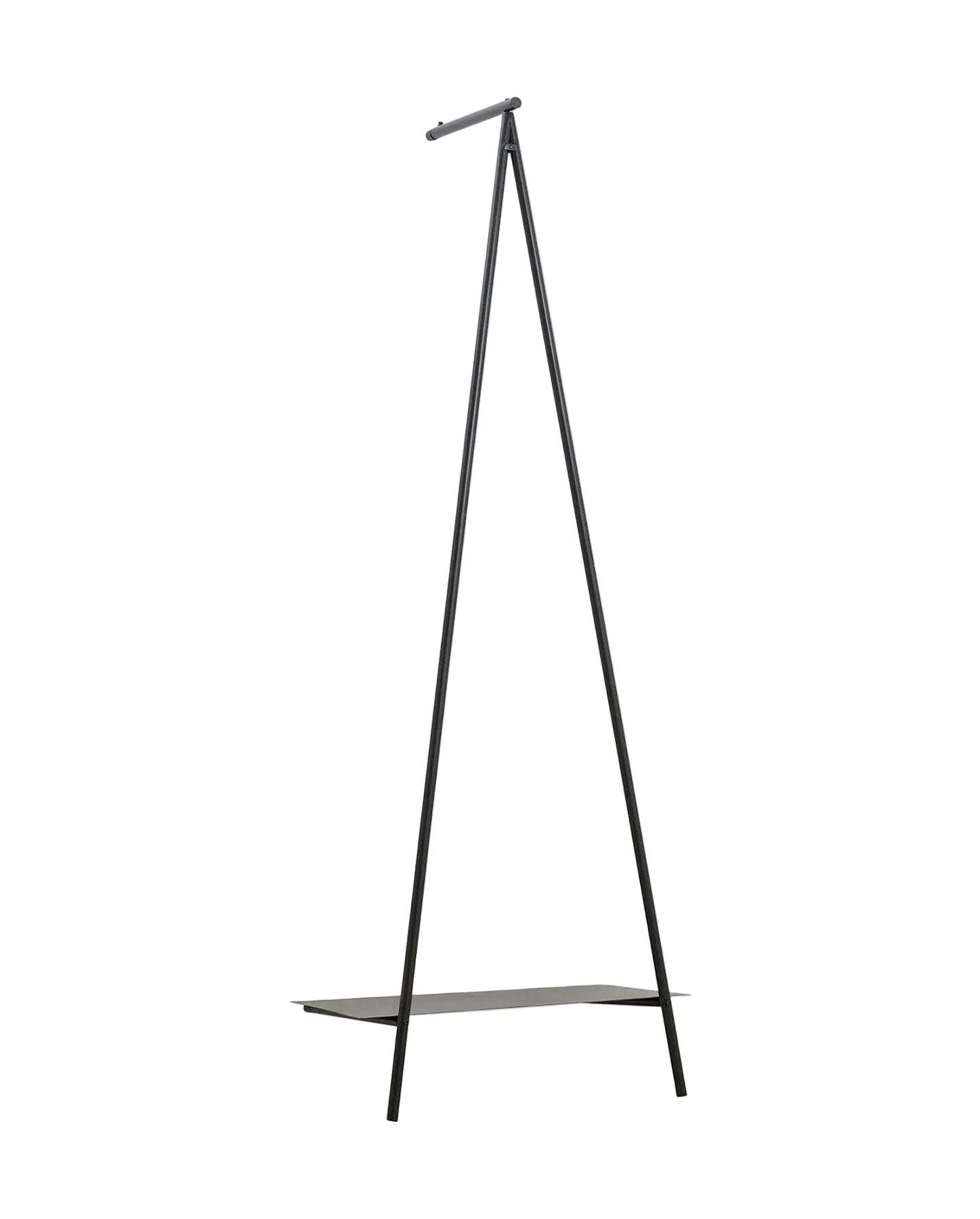 Black metal coat rack with a shelf on a white background