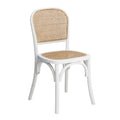 White chair with woven backrest and seat on a white background