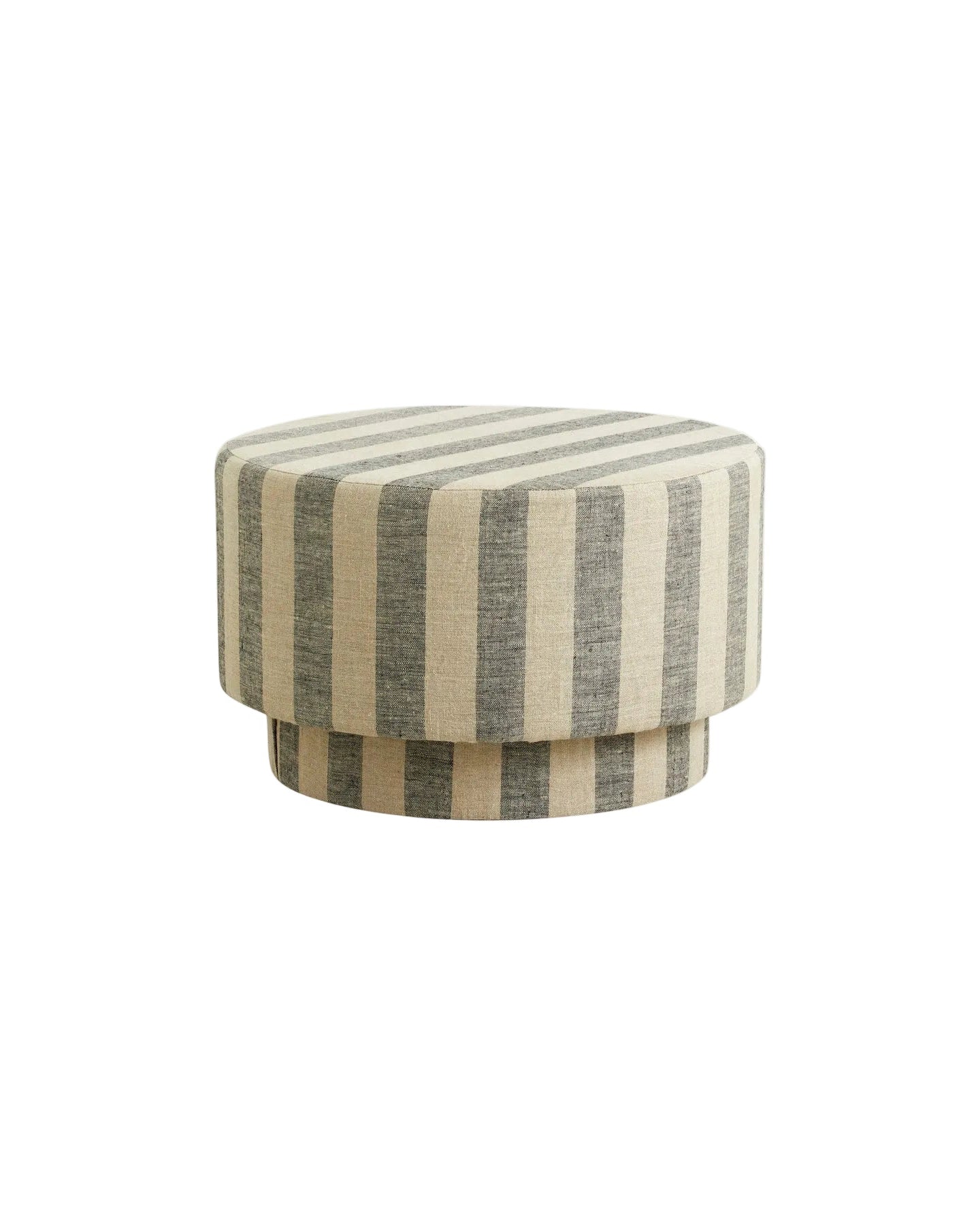 A round pouf with a linen cover featuring wide stripes in a sand-colored look, draped over the top.