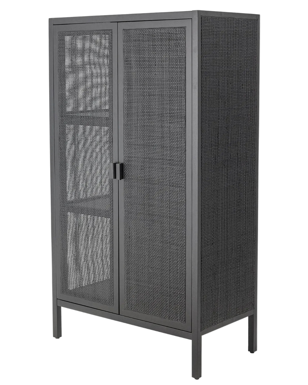 Black metal cabinet with mesh doors on a white background