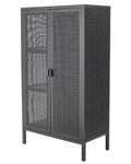 Black metal cabinet with mesh doors on a white background