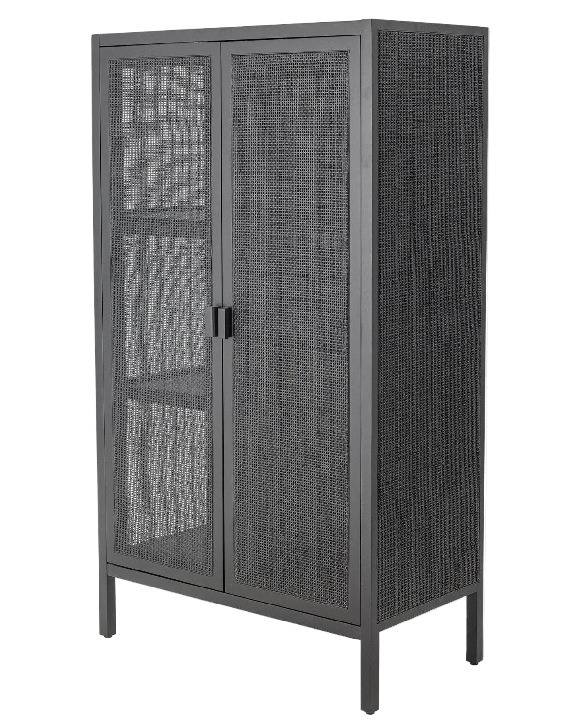 Black metal cabinet with mesh doors on a white background