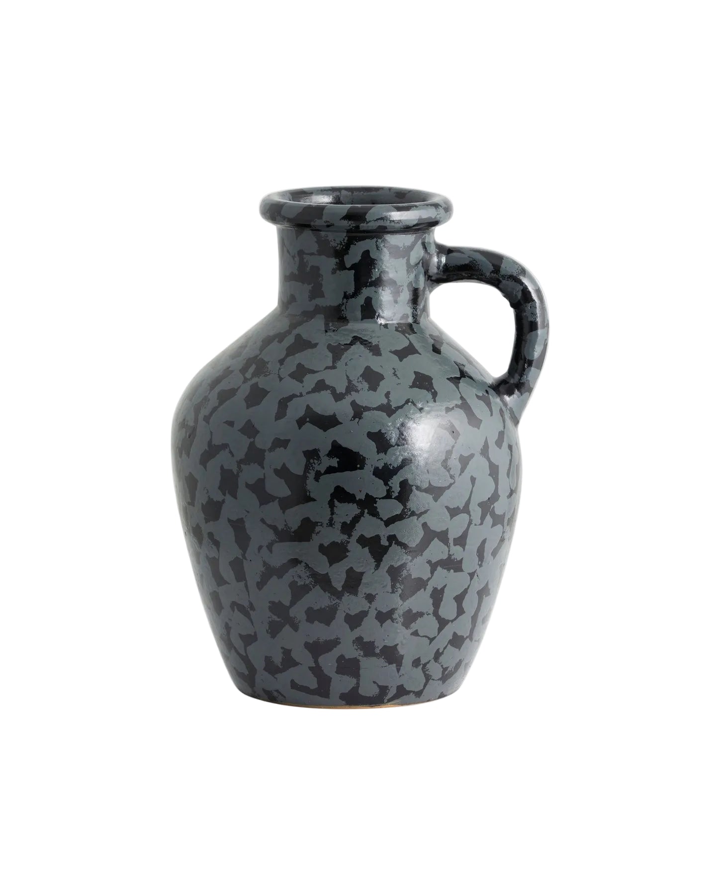 A glazed terracotta vase with a black tone pattern and a shiny finish, standing 31.5 cm tall.