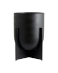 A black aluminum CACELA planter with a geometric design, suitable for indoor use.