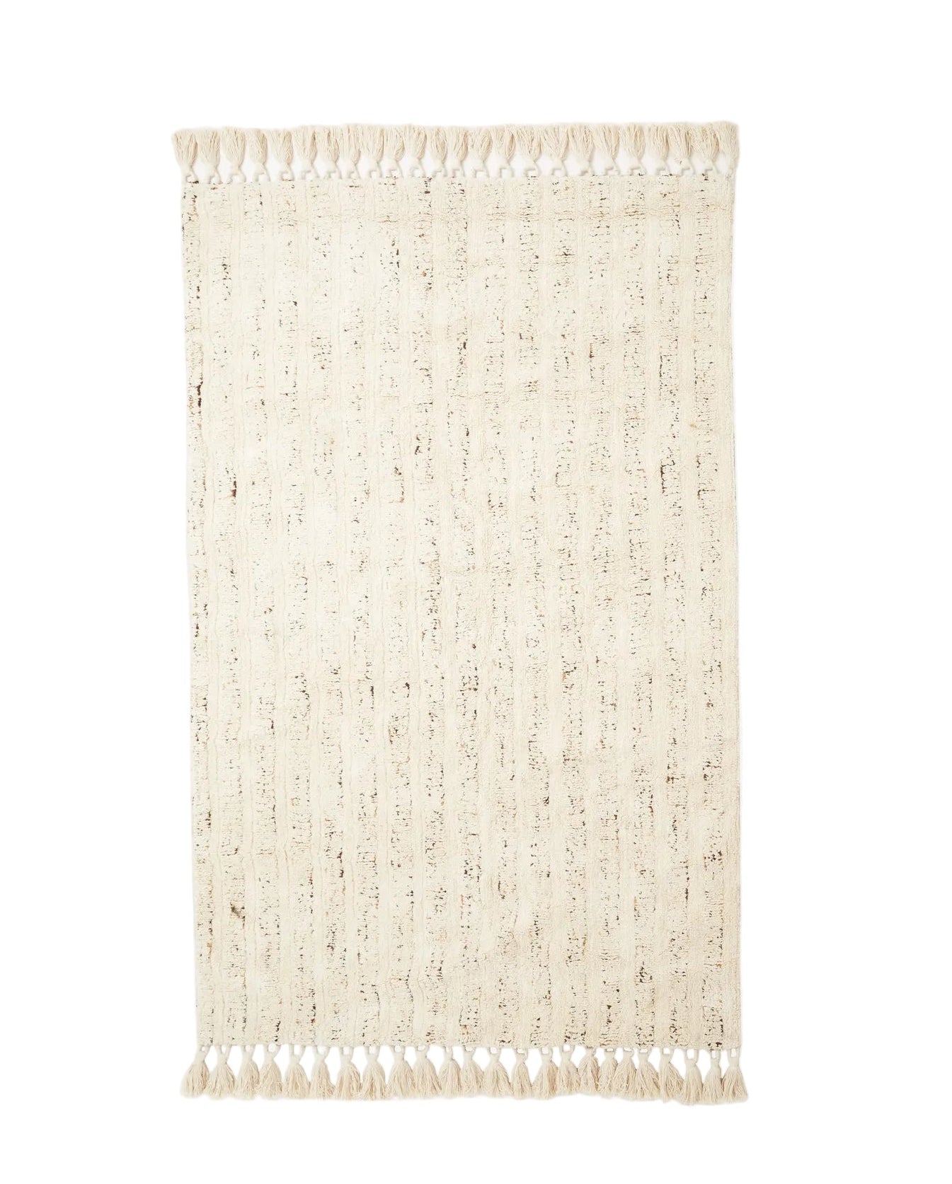 A beige cotton carpet with large tassels at the ends, displayed against a white background.