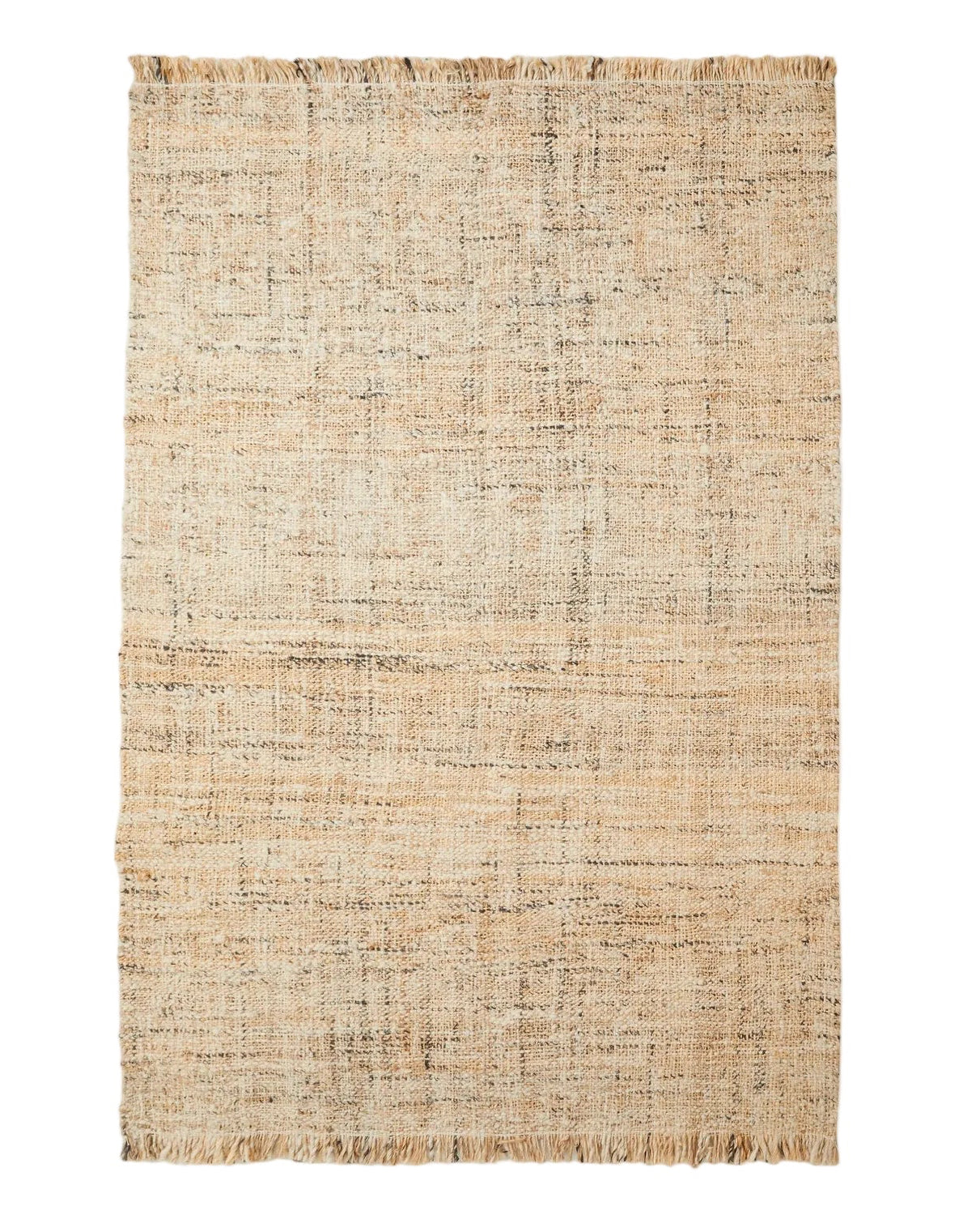 Handmade carpet with a braided pattern and earthy colors, with fringes at the edges.