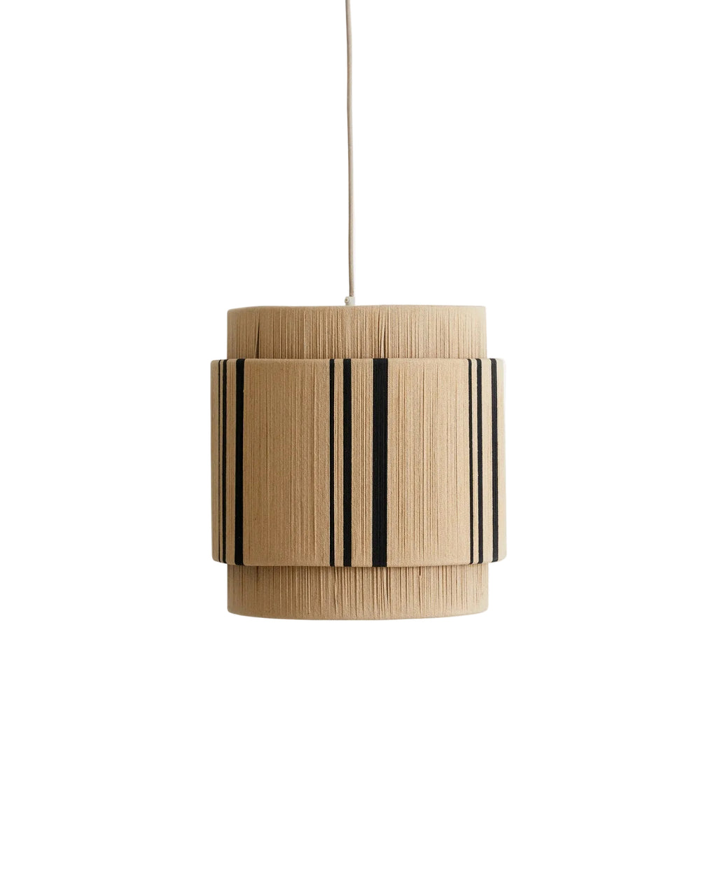 A VINATA pendant lamp with beige and black cotton braid and an iron frame, hanging vertically with a clean and elegant design.