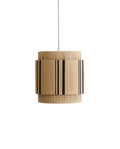 A VINATA pendant lamp with beige and black cotton braid and an iron frame, hanging vertically with a clean and elegant design.