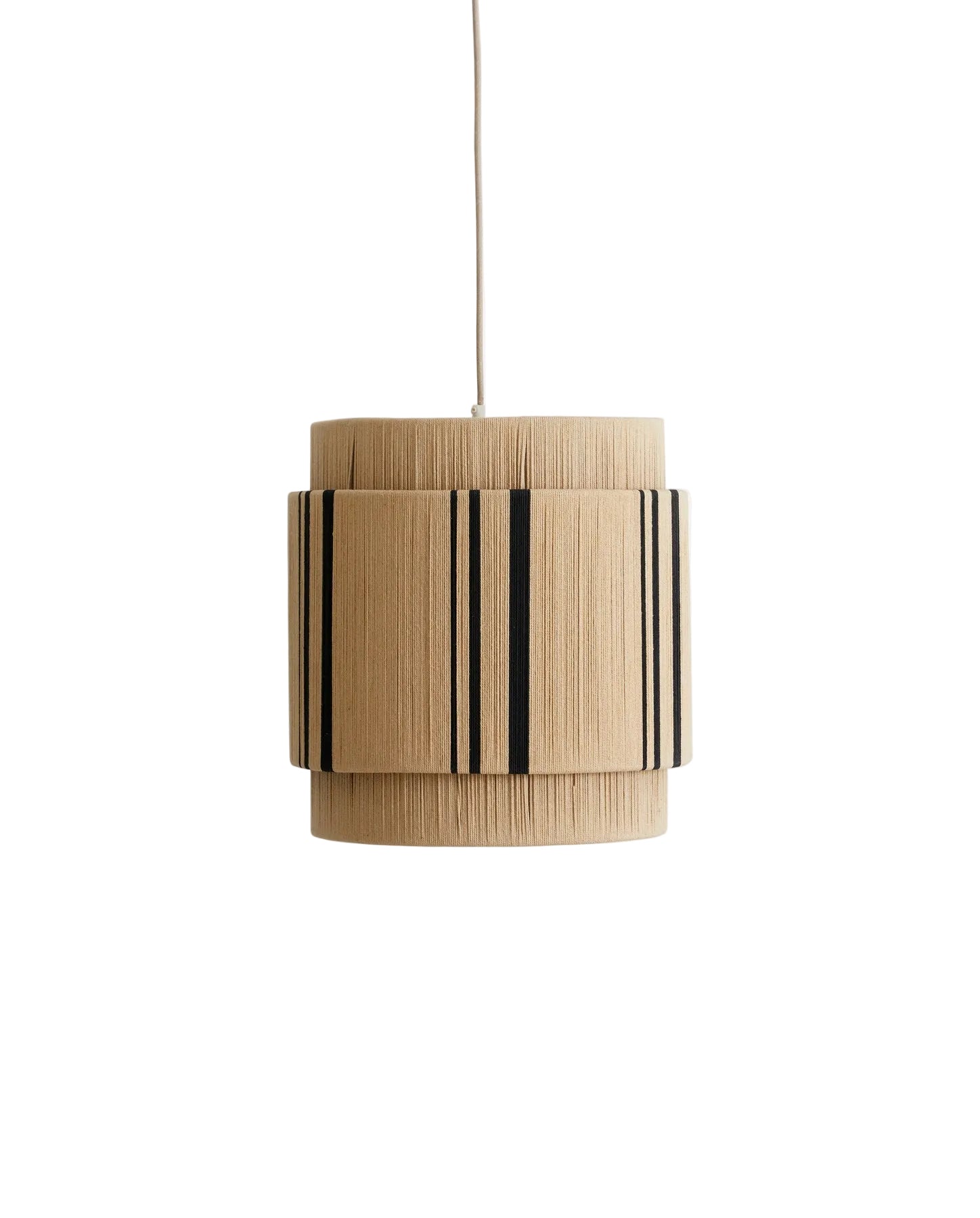 A VINATA pendant lamp with beige and black cotton braid and an iron frame, hanging vertically with a clean and elegant design.