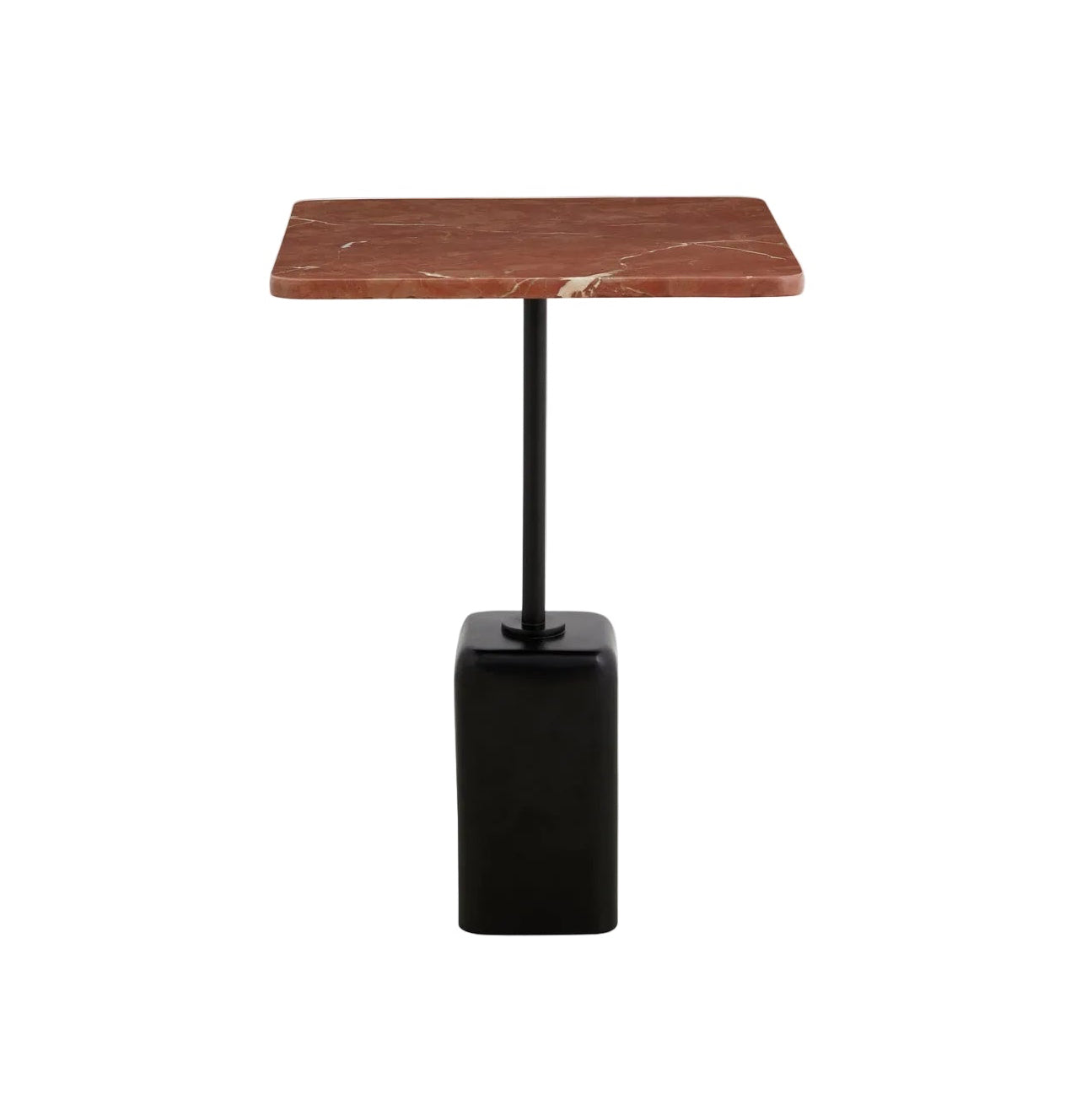 A side table with a rust-colored marble top and a black base and leg.