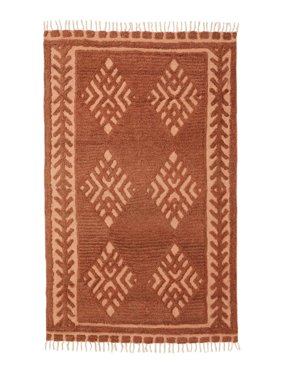 A rectangular, flatweave rug with a warm rust color, featuring geometric patterns and fringed edges.
