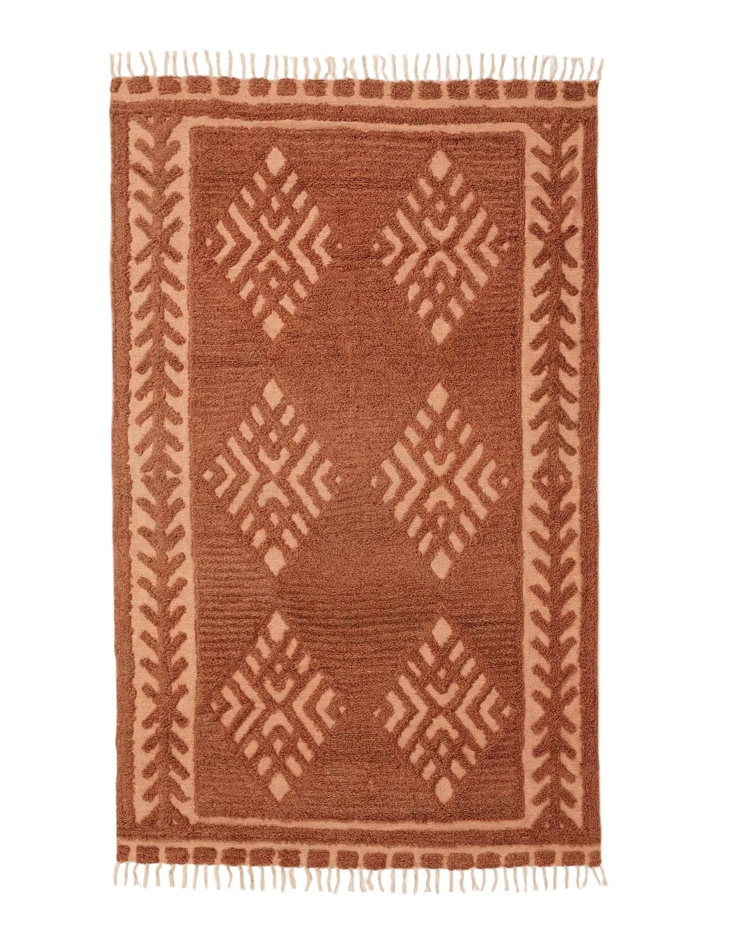 A rectangular, flatweave rug with a warm rust color, featuring geometric patterns and fringed edges.