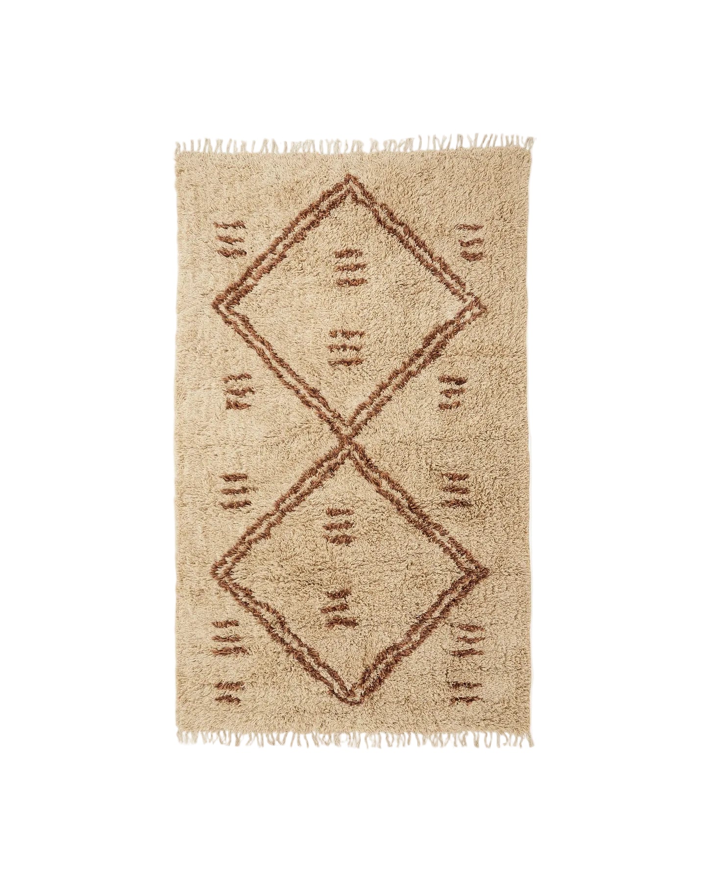 A rectangular carpet with a classic Moroccan geometric pattern in beige and brown tones.
