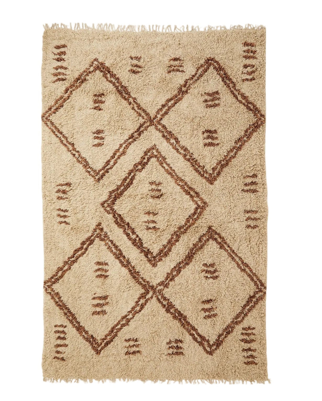 A rectangular LEAH carpet with a geometric pattern in a subdued color combination, handcrafted from a wool blend, with fringes at the ends.