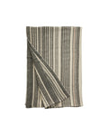 A folded striped bed cover in varying shades of gray and beige, with a decorative pattern.