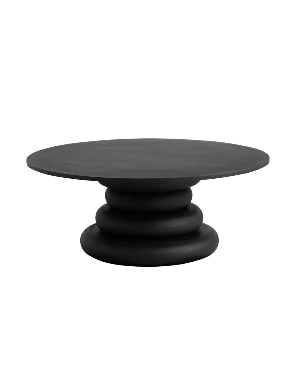 Black round table with stacked design on a white background