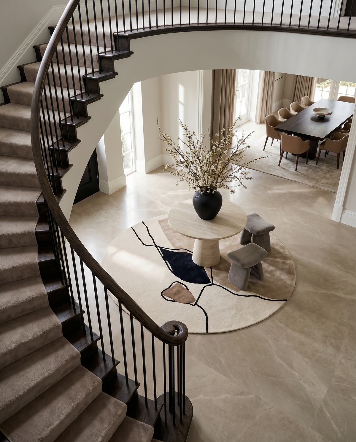 Abstract Round Wool Rug, Ivory