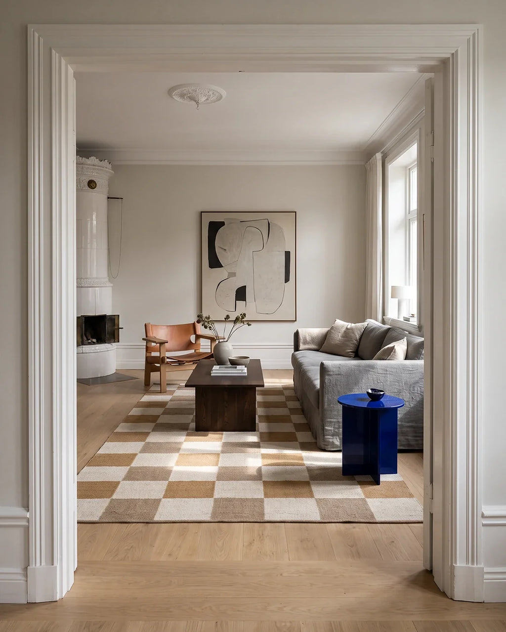 Checked Yellow/Natural rug in a living room