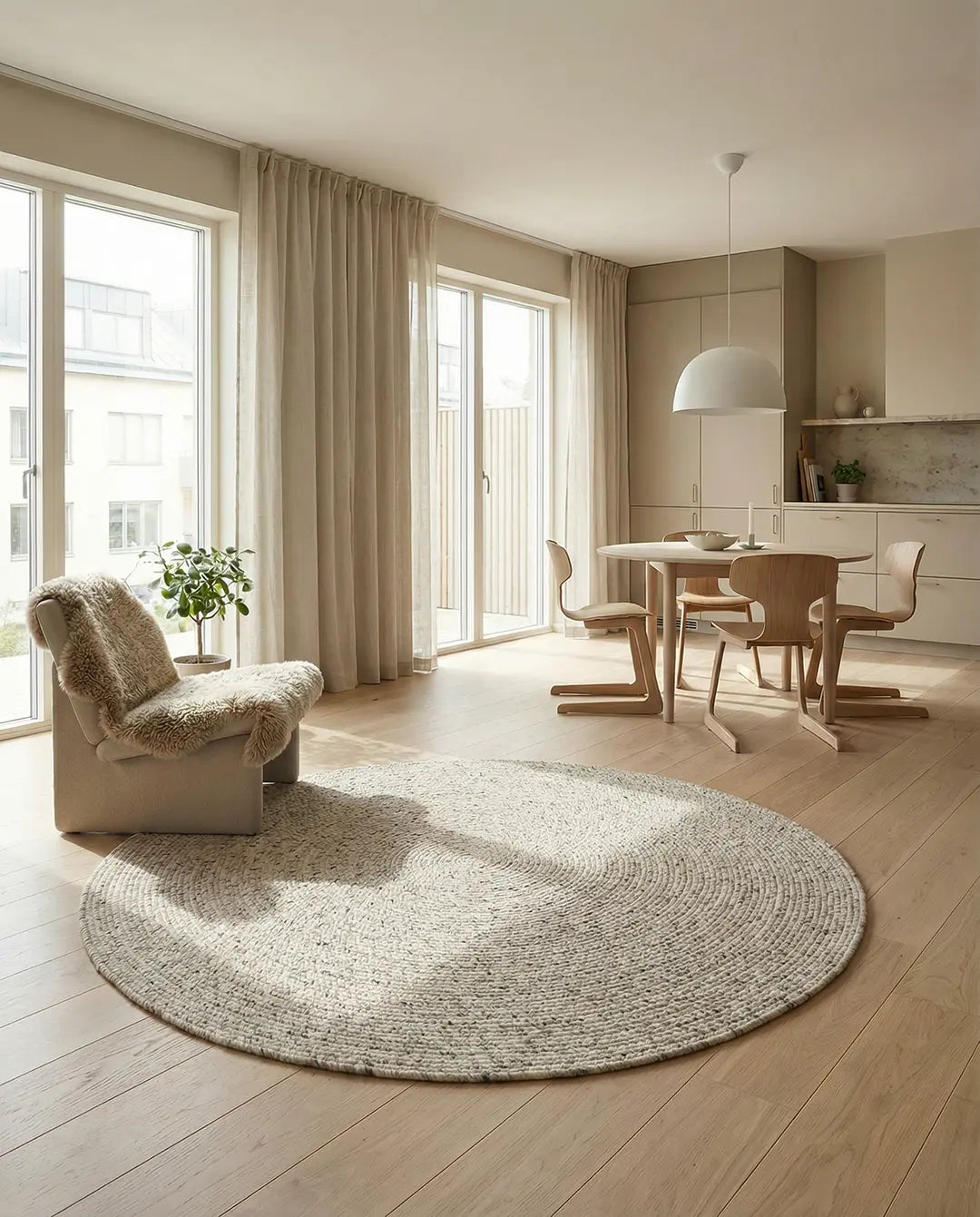 MERINO Round Wool Rug, Natural Beige