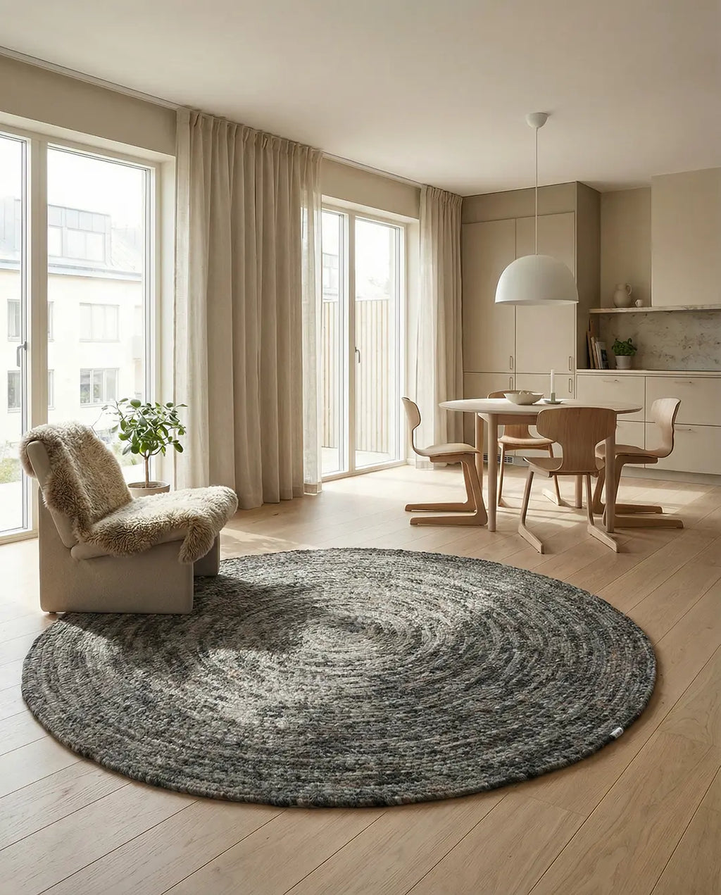 MERINO Round Wool Rug, Grey Melange
