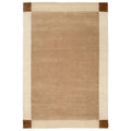 A rectangular area rug with a warm tan center, bordered by an off-white stripe and dark brown corner blocks, shown flat against a white background.