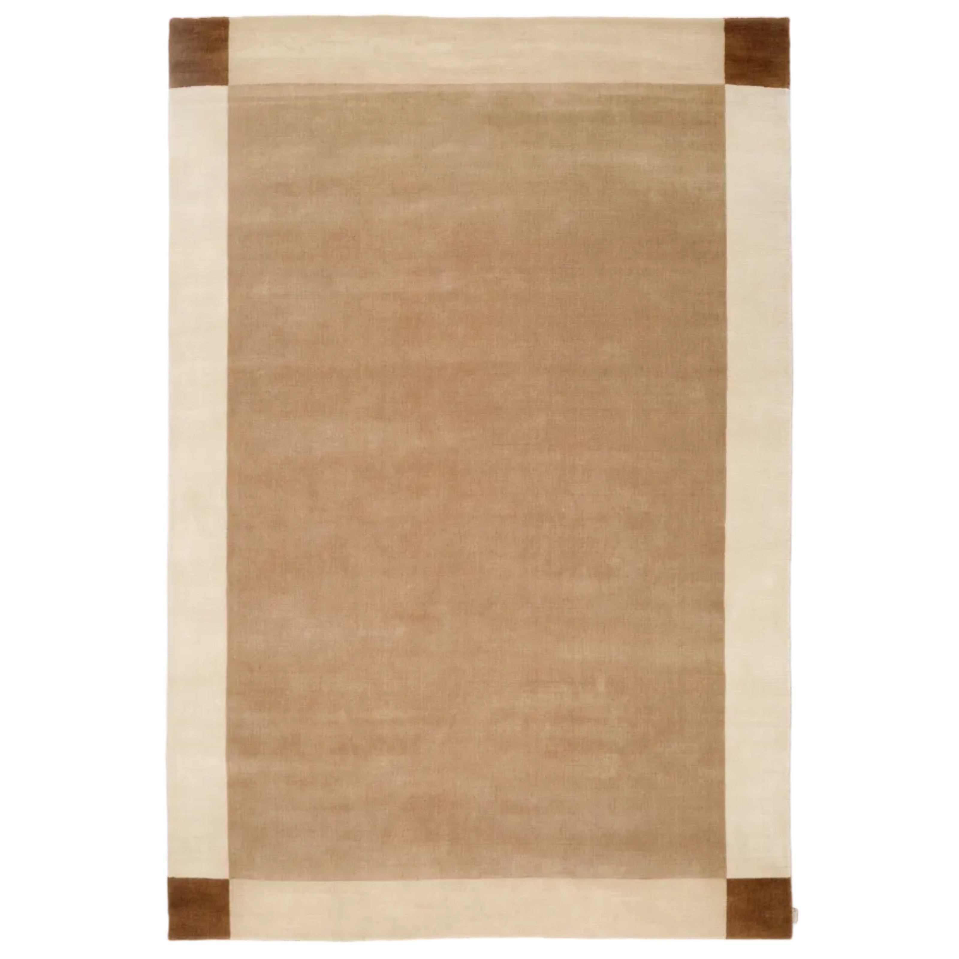 A rectangular area rug with a warm tan center, bordered by an off-white stripe and dark brown corner blocks, shown flat against a white background.