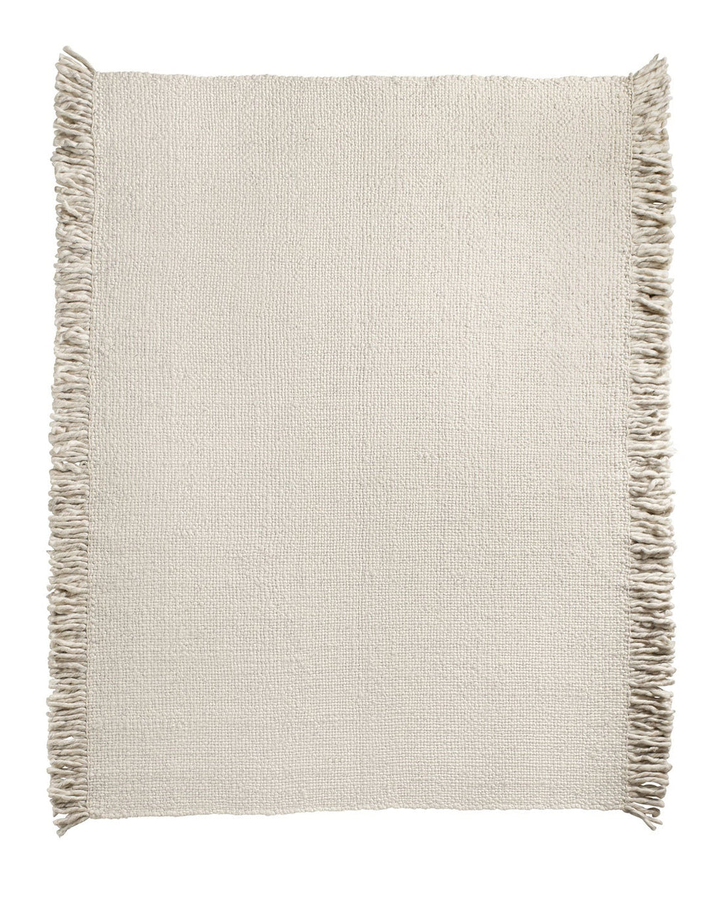 A beige wool rug with frayed edges on a white background.