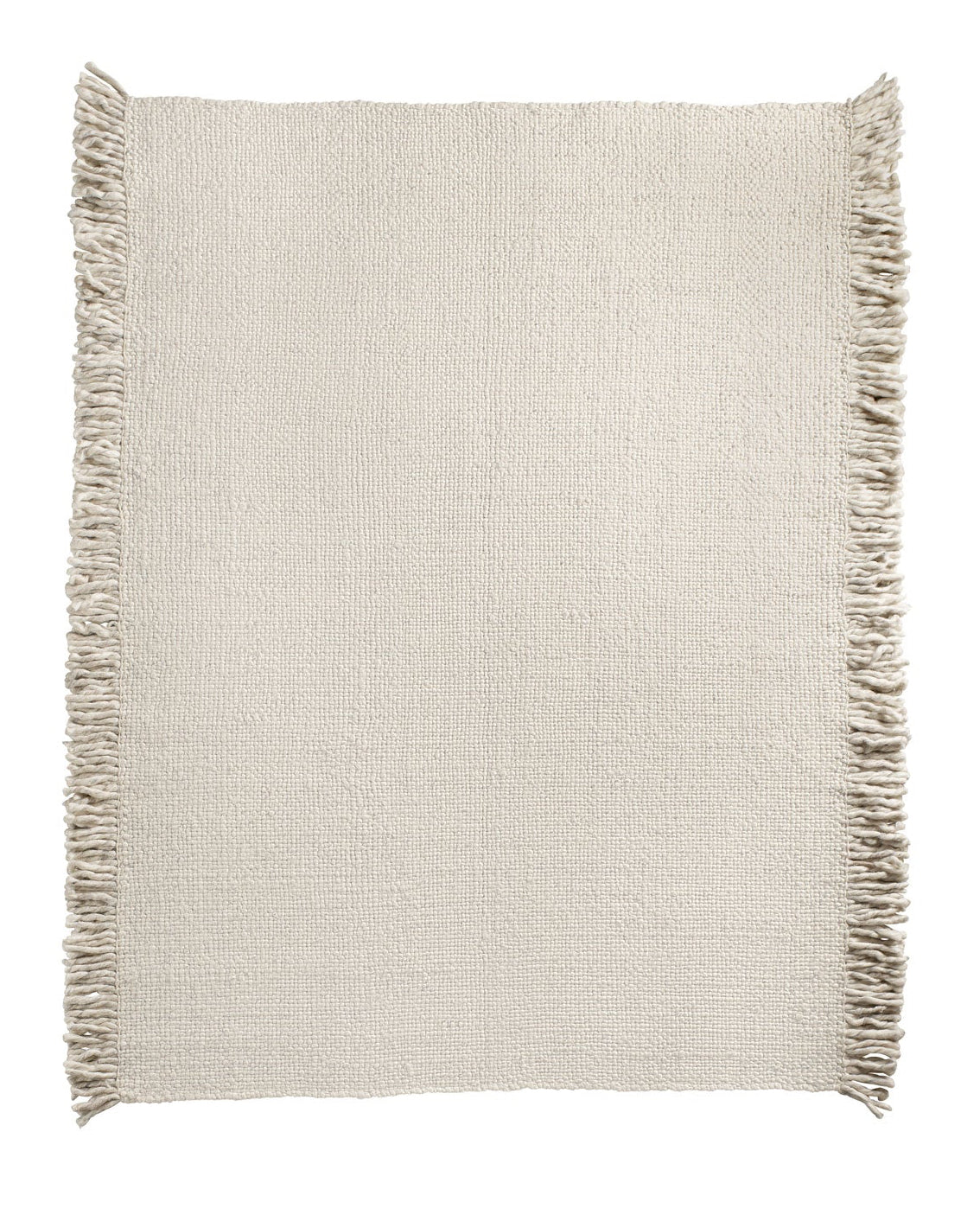 A beige wool rug with frayed edges on a white background.