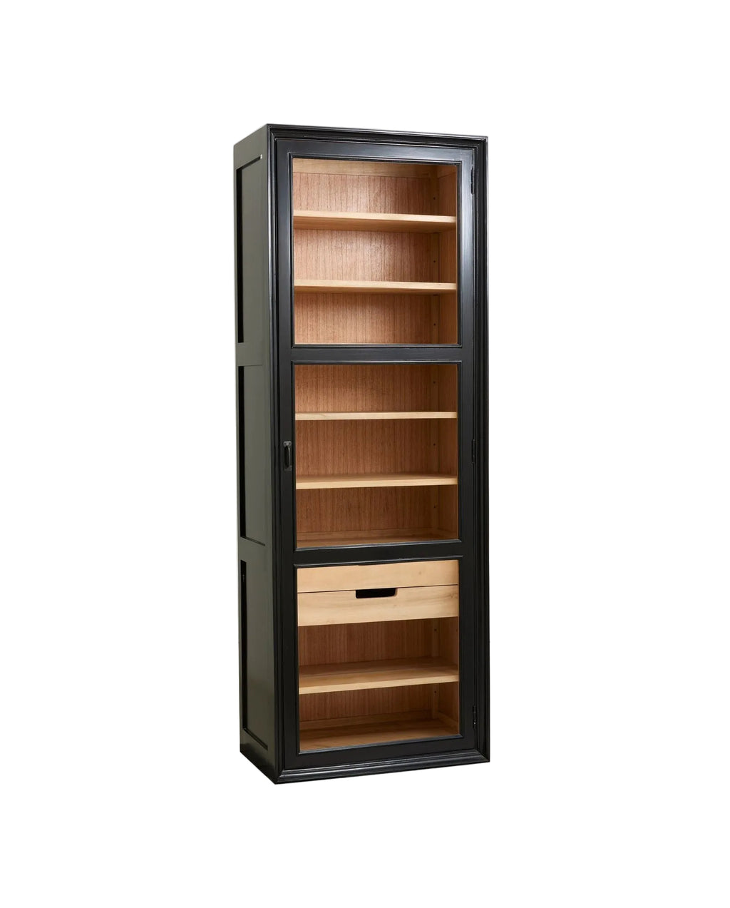 A black display cabinet with a single glass door and multiple wooden shelves inside.