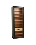A black display cabinet with a single glass door and multiple wooden shelves inside.